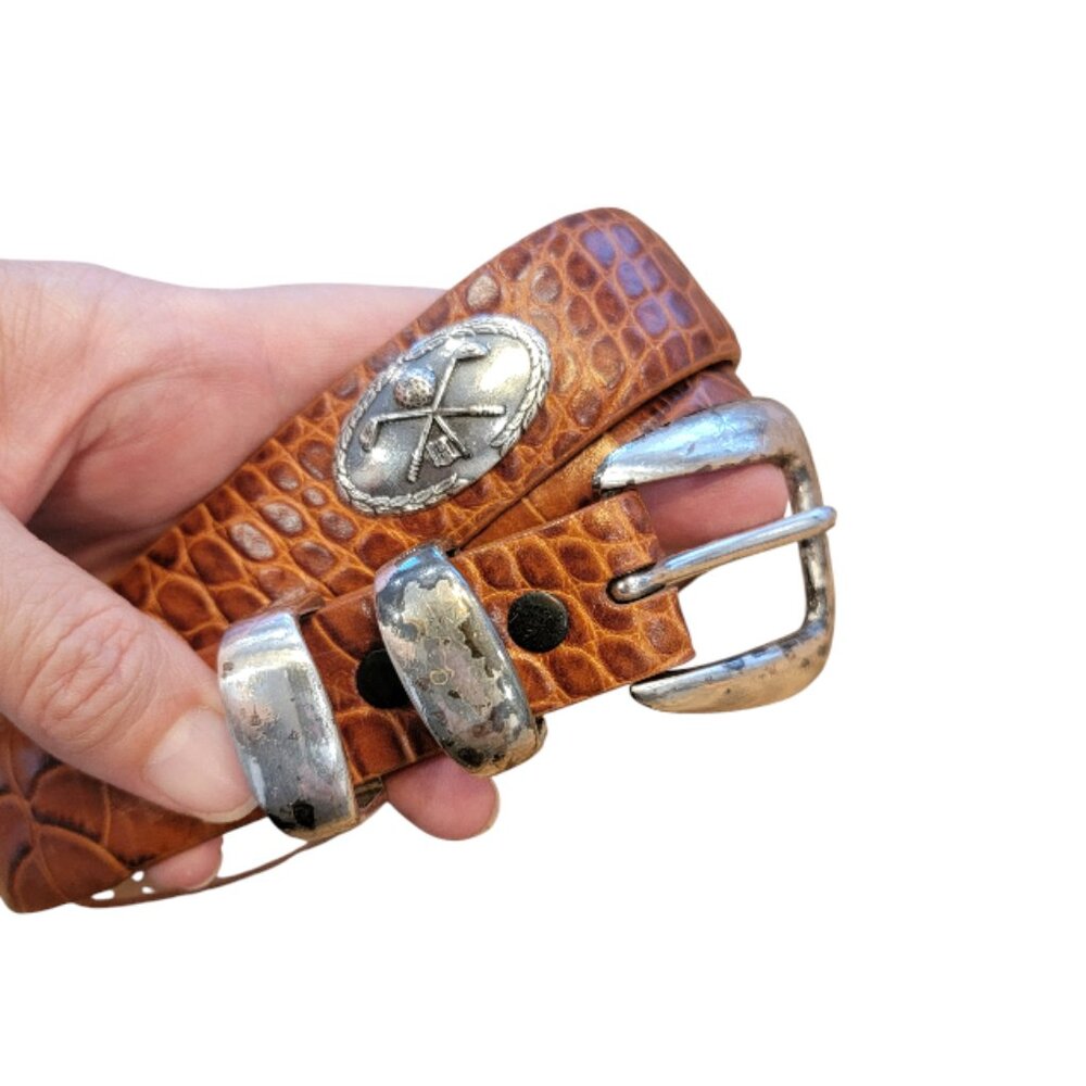 Golf Women's Designer Conchos Belt Size 34 Genuine Italian Calfskin Tan